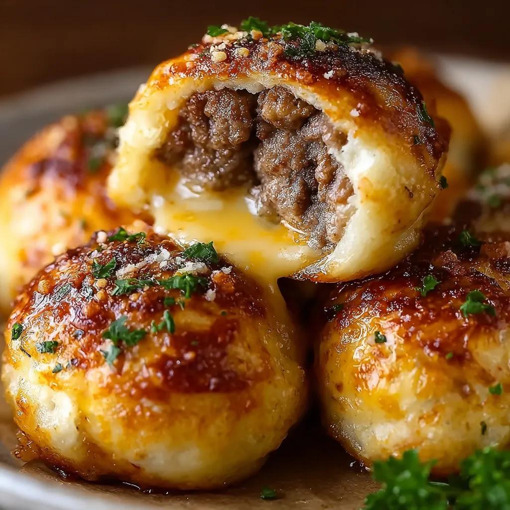 Close-up of cheeseburger bomb split open showing gooey cheese and beef filling.