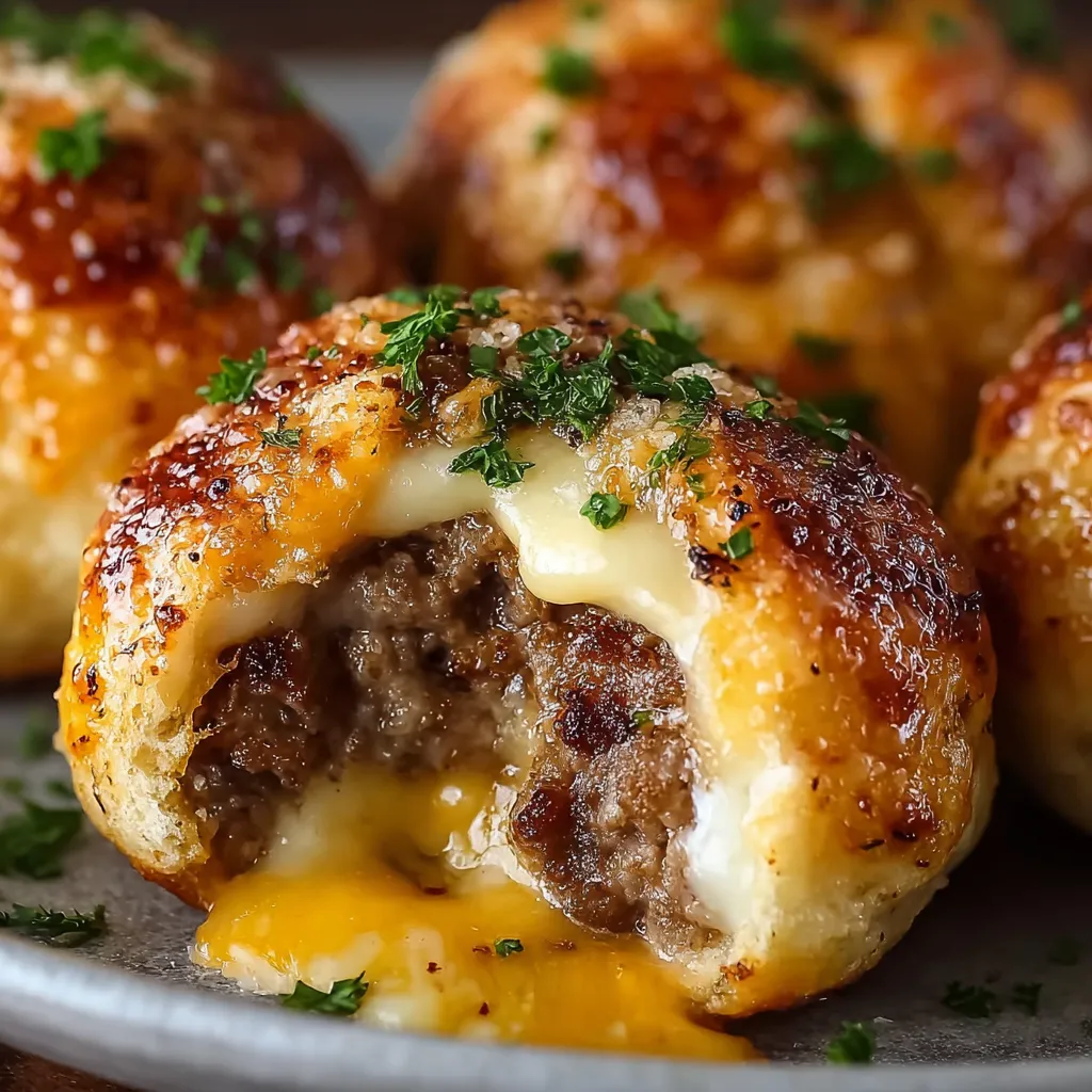 Tray of golden garlic parmesan cheeseburger bombs sprinkled with parsley.