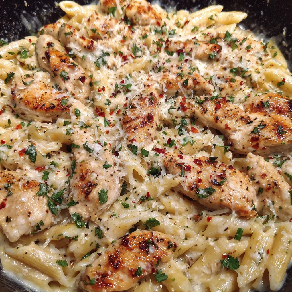 Skillet of creamy chicken pasta topped with parsley