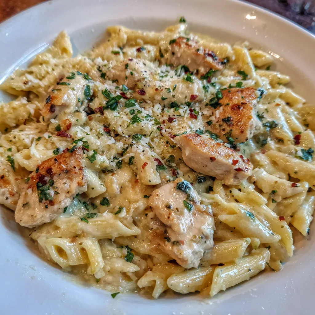 Bowl of creamy pasta with chicken and Parmesan garnish