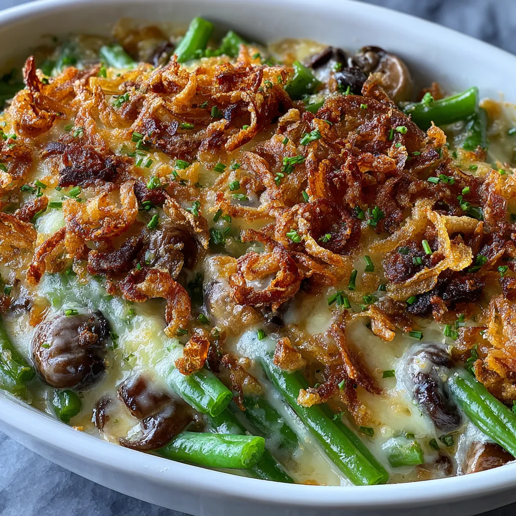 Traditional green bean casserole served in a white dish