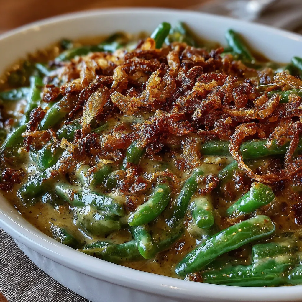 Fresh green bean casserole with creamy sauce and fried onions