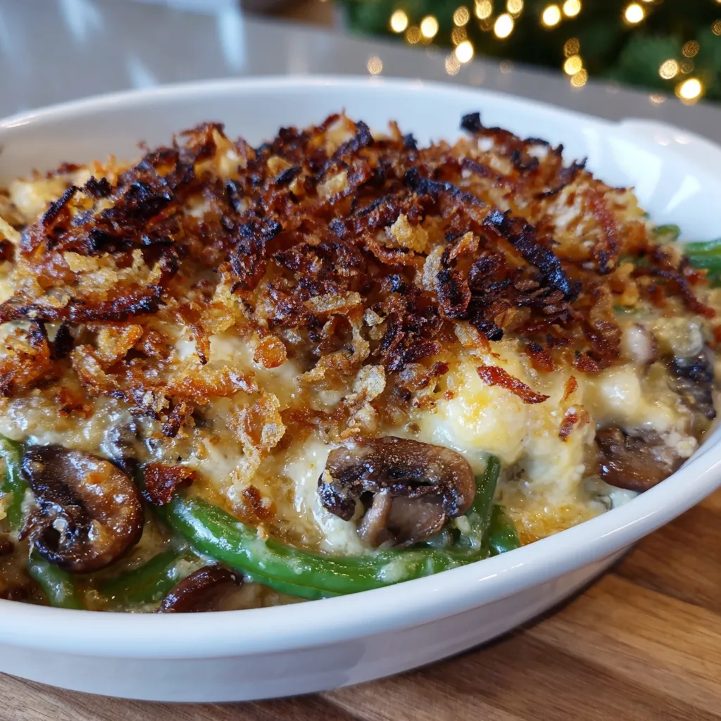 Close-up of baked green bean casserole topped with crispy onions