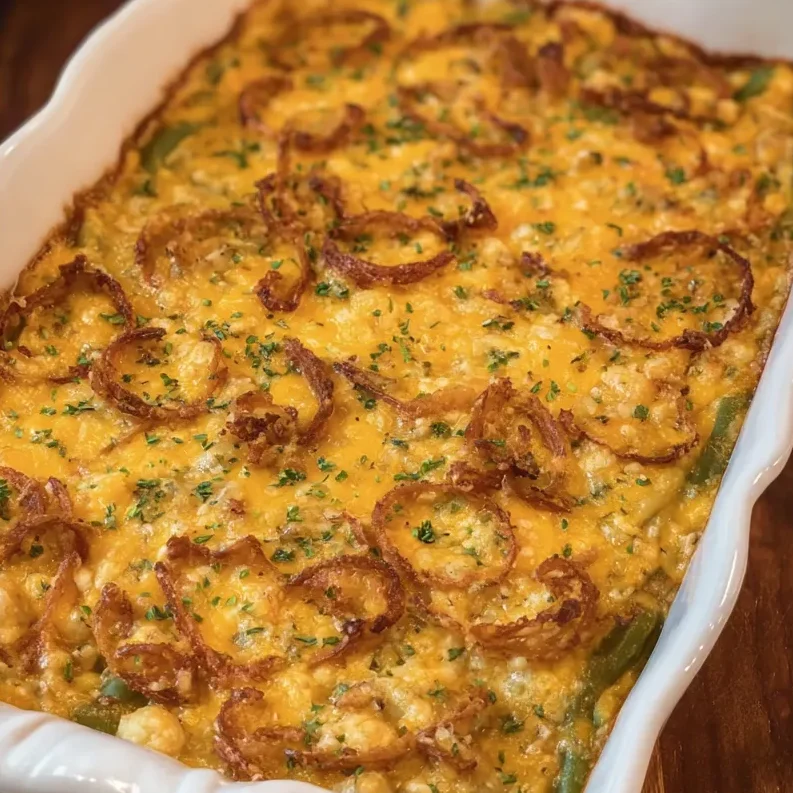 Baked green bean casserole with fried onions