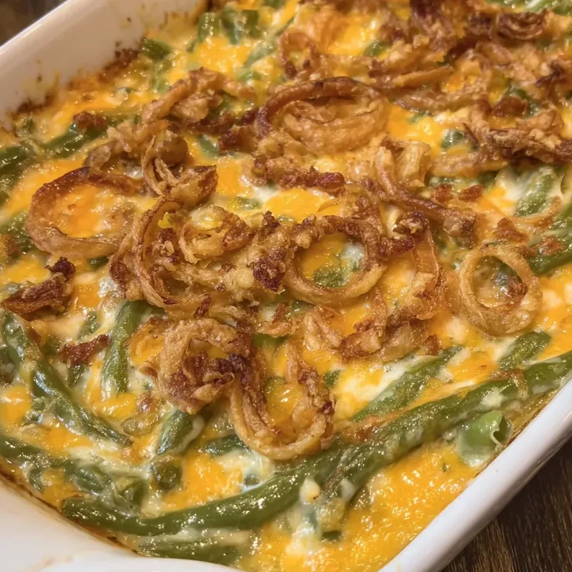 Fresh homemade green bean casserole topped with crispy onions in a skillet