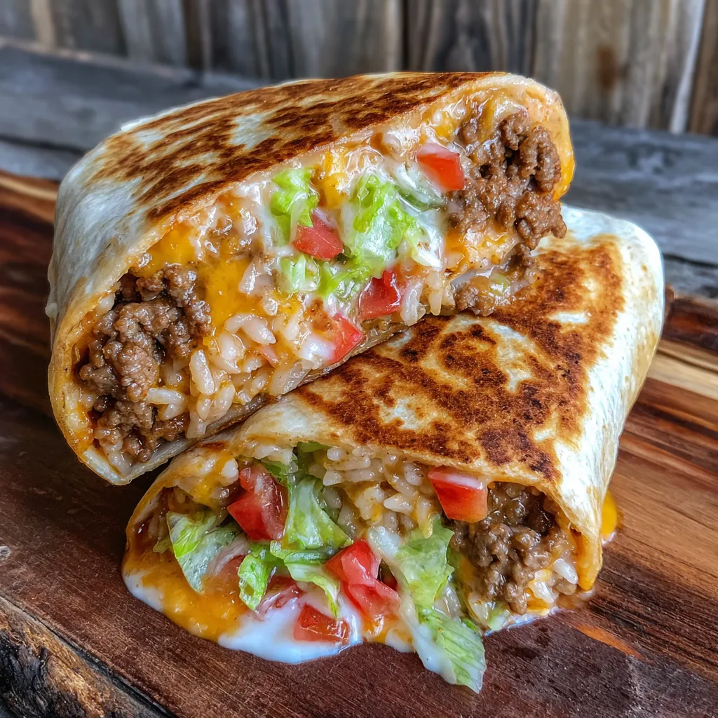 Golden grilled cheese burrito sliced open showing gooey cheese and beef filling.