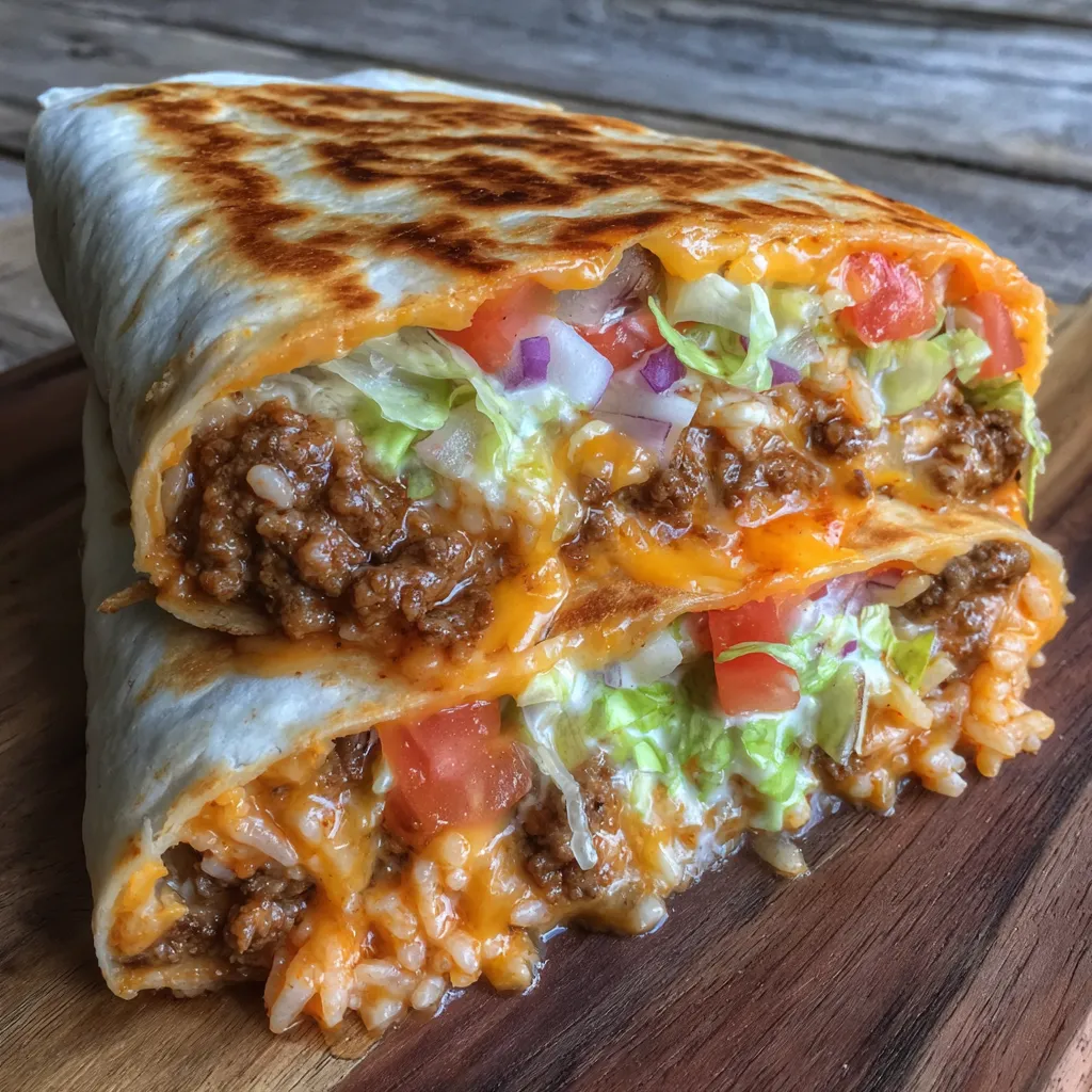 Close-up of burrito being cut in half with cheese stretching.