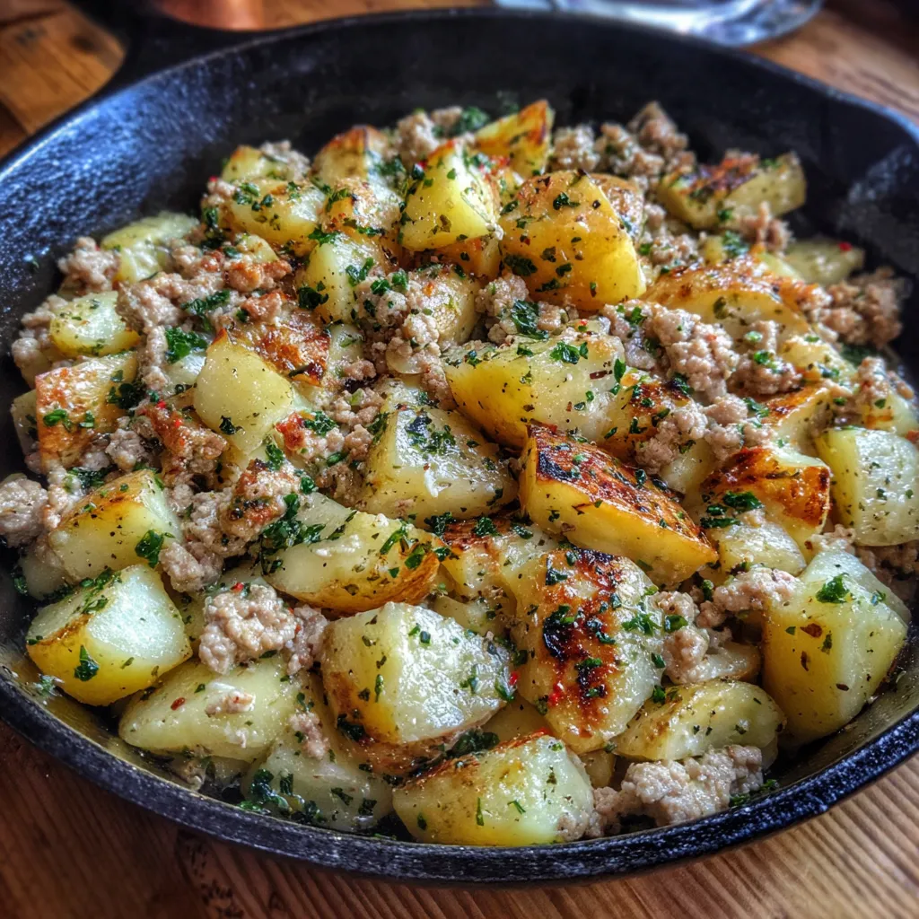 Skillet filled with golden potatoes and ground turkey garnished with parsley.