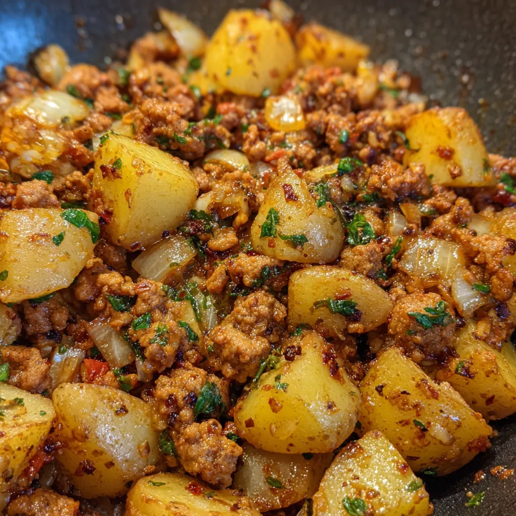 Close-up of browned turkey and crispy potatoes in a skillet.