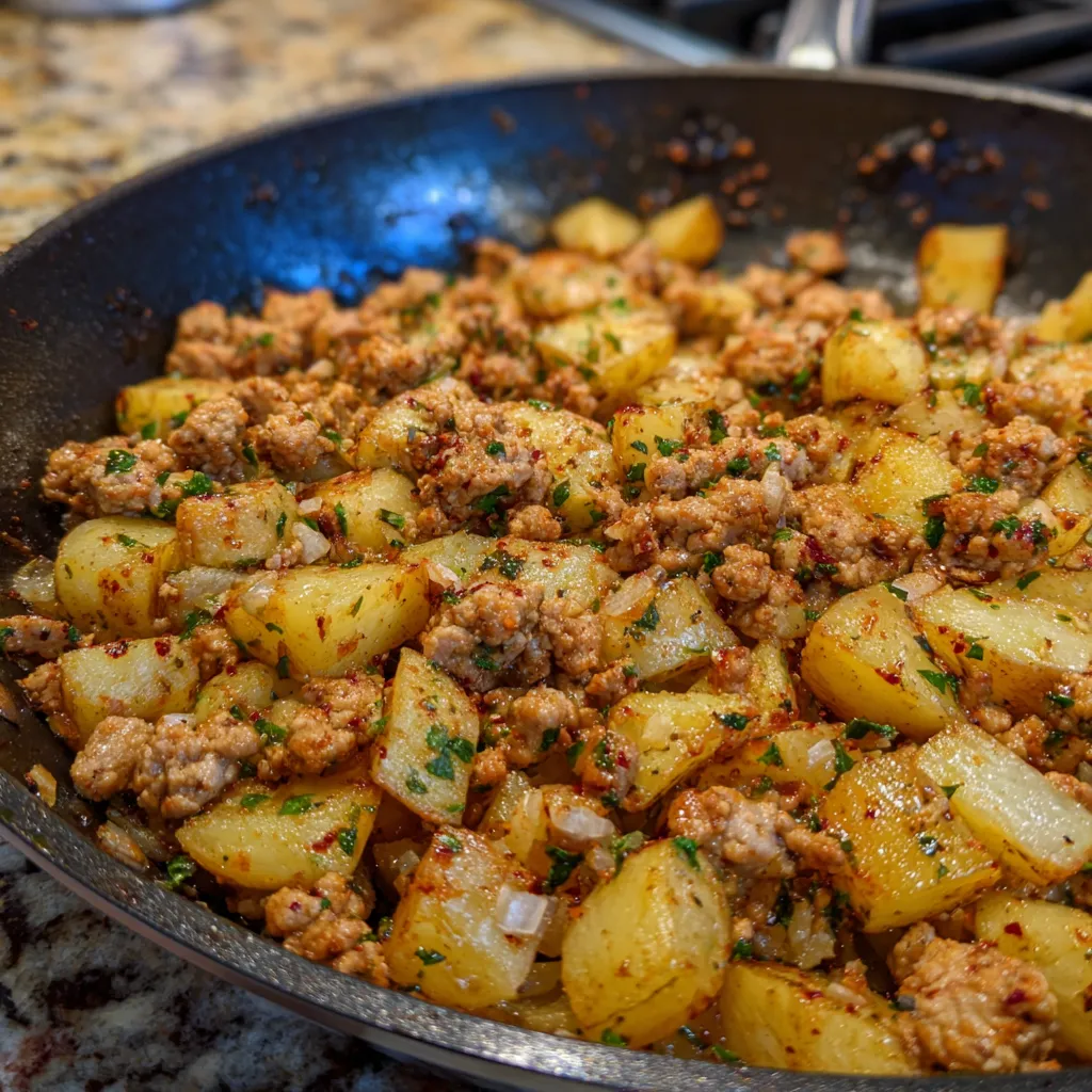Bowl of ground turkey and potatoes served with herbs and a side of bread.