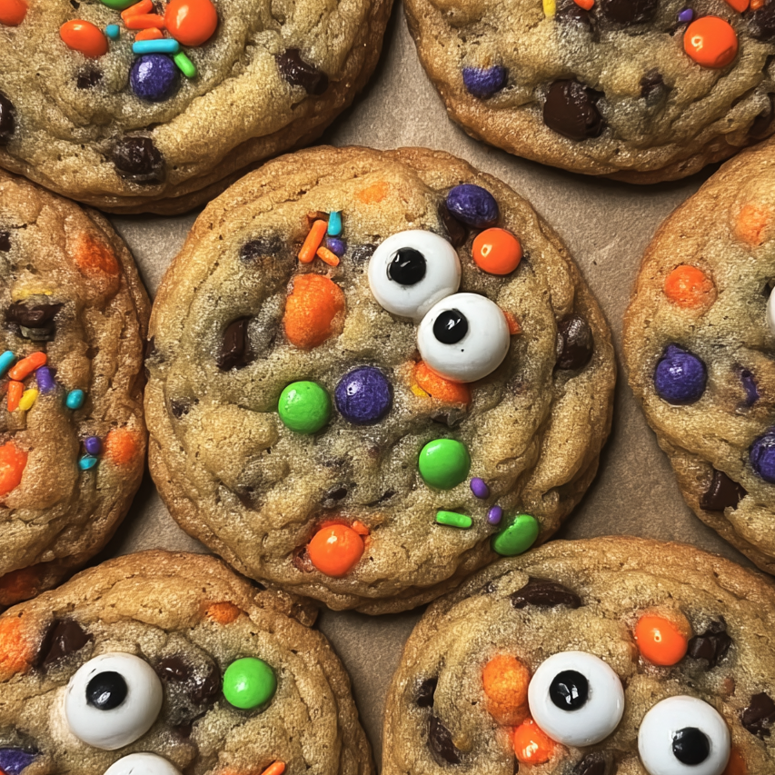 Tray of cookies cooling with melted chocolate chips and candy eyes