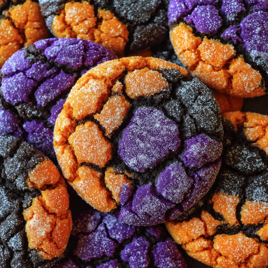 Close-up of colorful crinkle cookies with sugar dusting