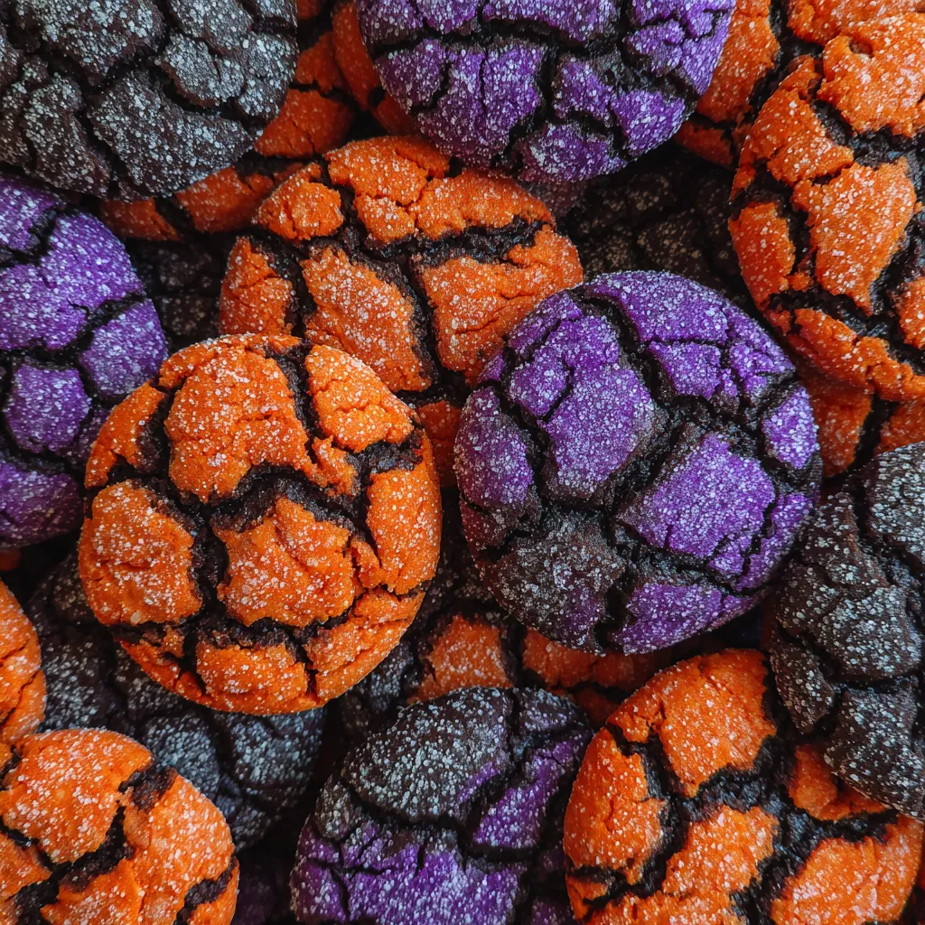 Halloween crinkle cookies in orange, purple, and black