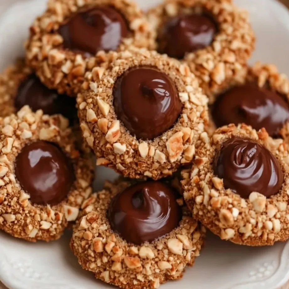 Close-up of cookie showing crunchy hazelnut edges and smooth chocolate center.