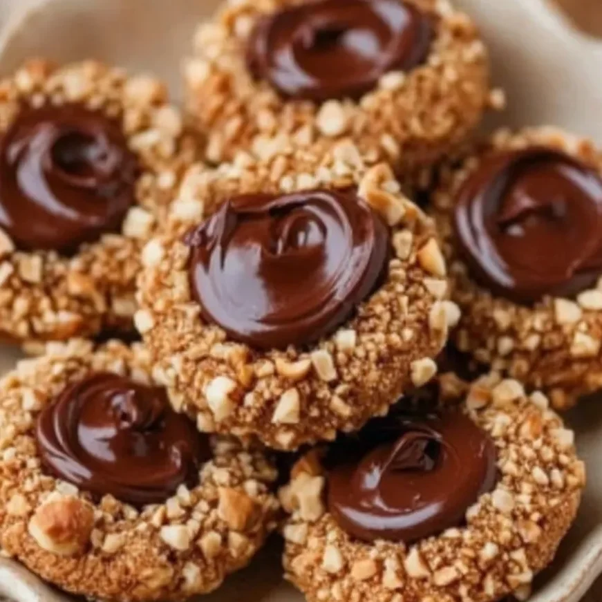 Tray of thumbprint cookies cooling with ganache being spooned into centers.