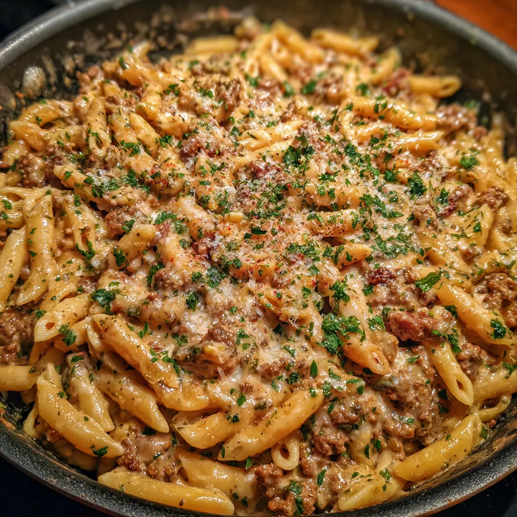 Skillet of creamy beef pasta garnished with parsley and grated cheese.