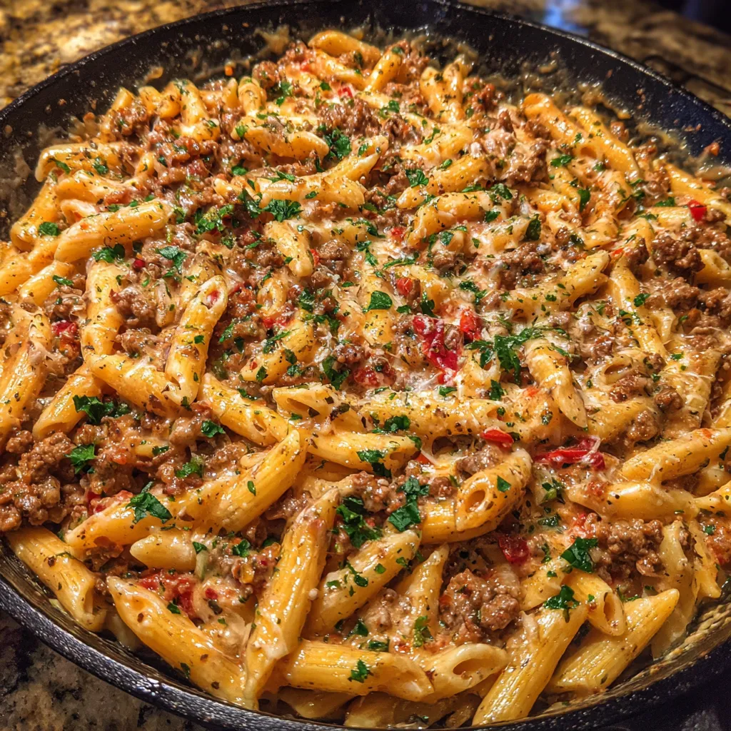 Close-up of pasta coated in creamy sauce with ground beef.