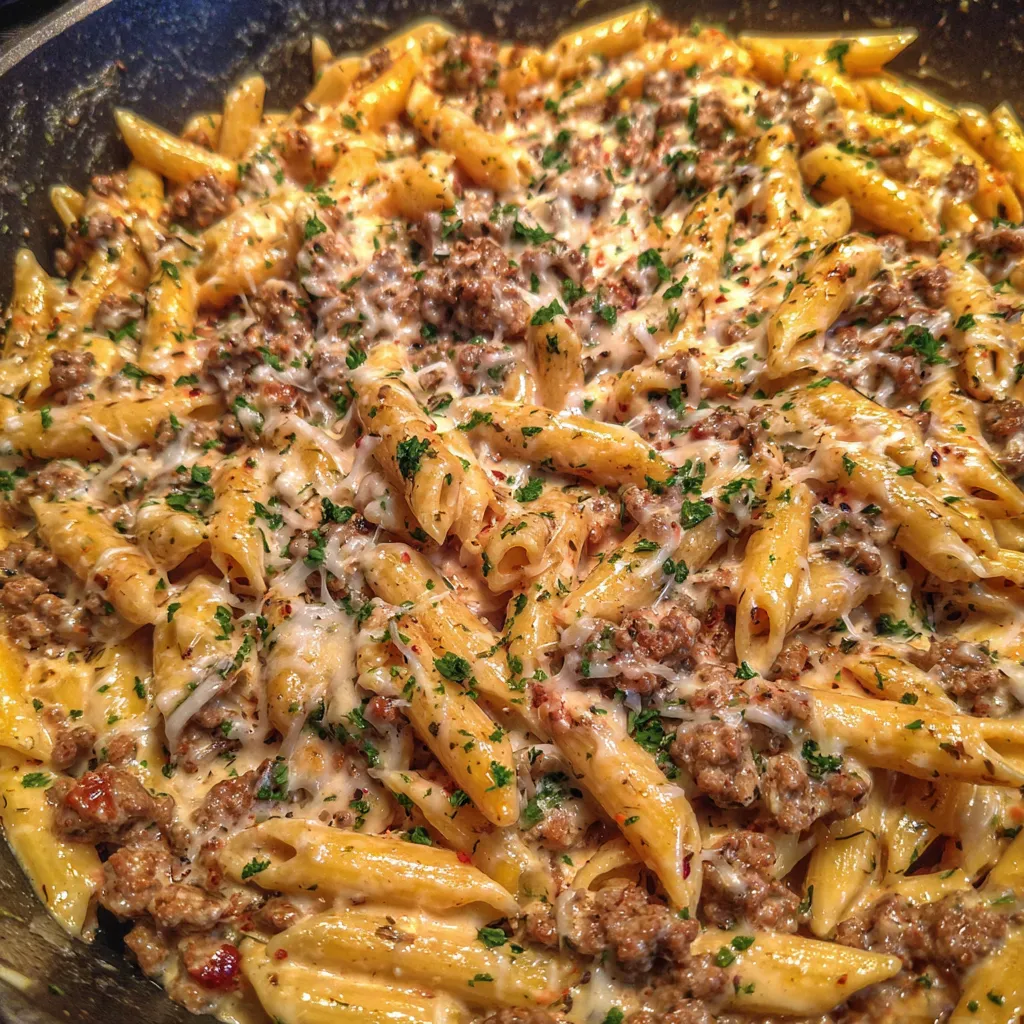Bowl of creamy beef pasta served with a sprinkle of Parmesan.
