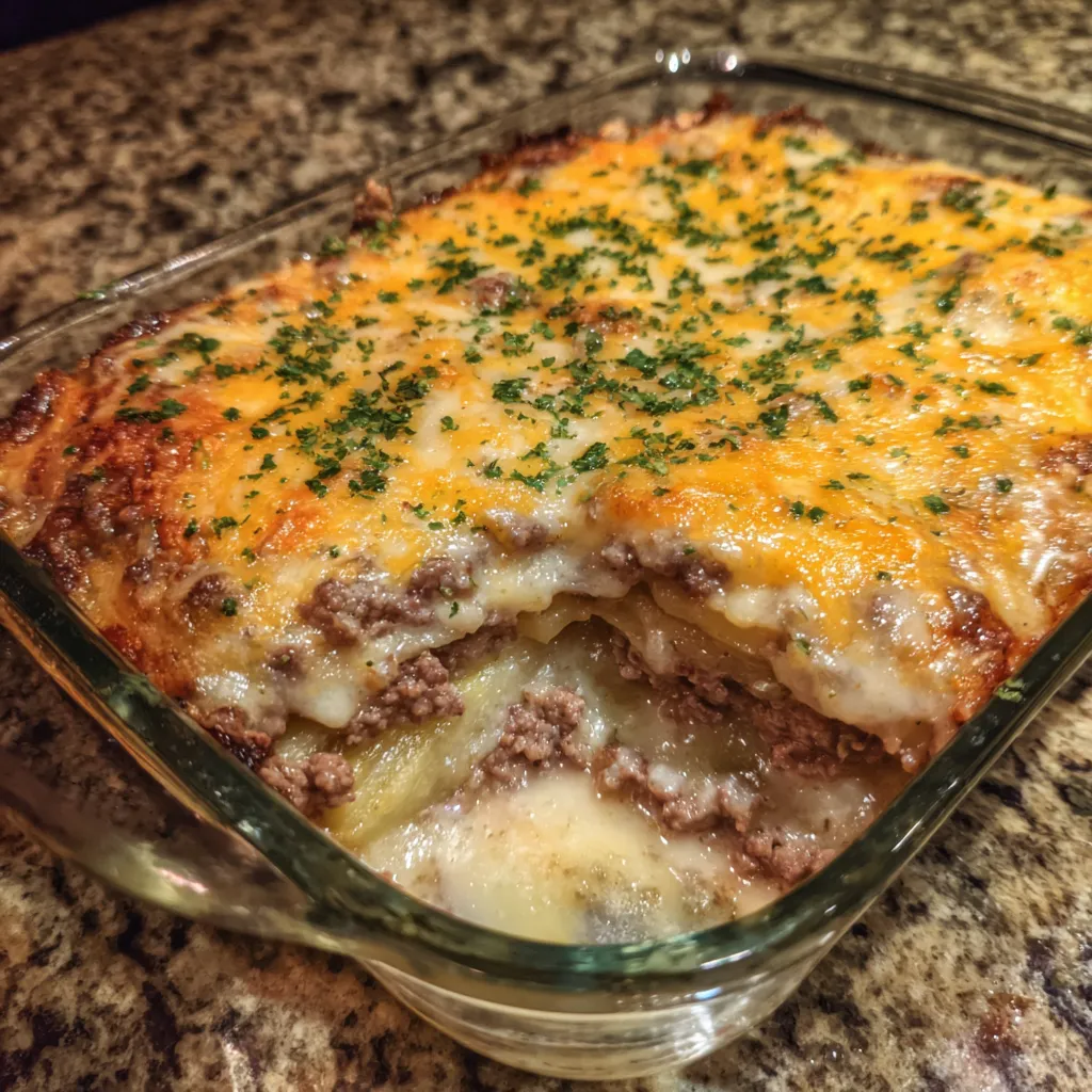 Baking dish of hobo casserole fresh out of the oven with melted cheese on top.