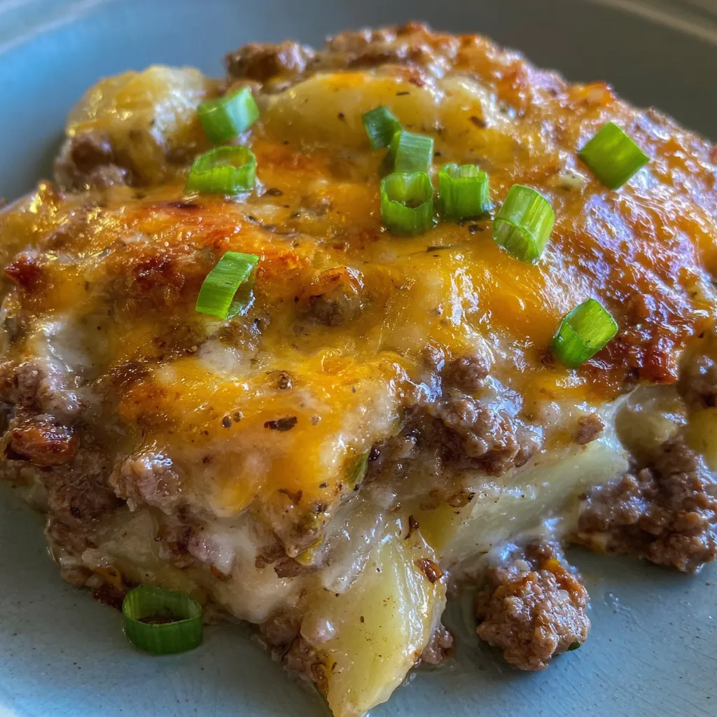 Close-up of cheesy casserole with browned top and bubbling edges.