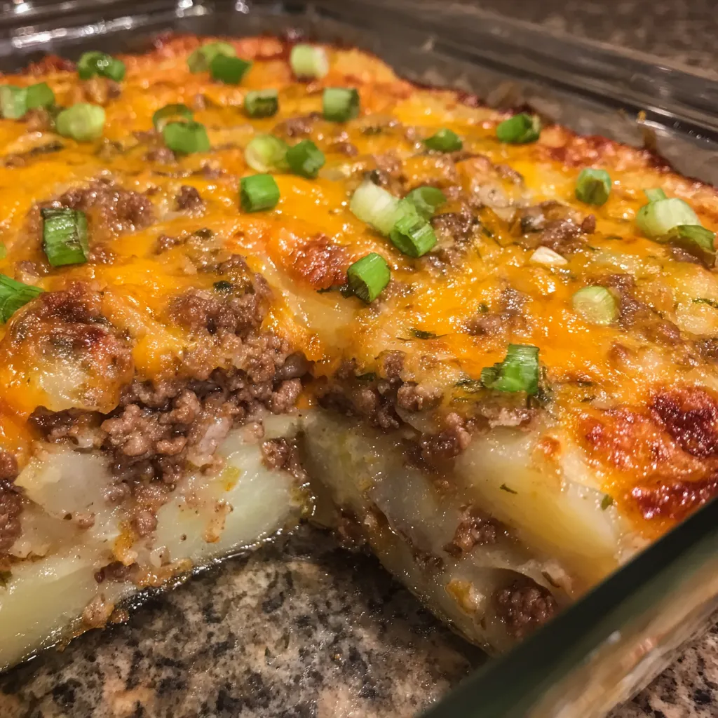 Spoon serving a portion of beef and potato casserole with gooey cheese.