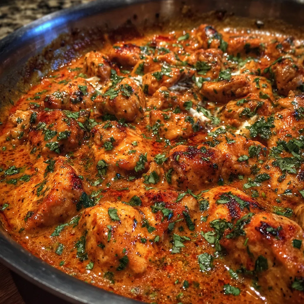 Bowl of creamy butter chicken topped with cilantro and served with naan.
