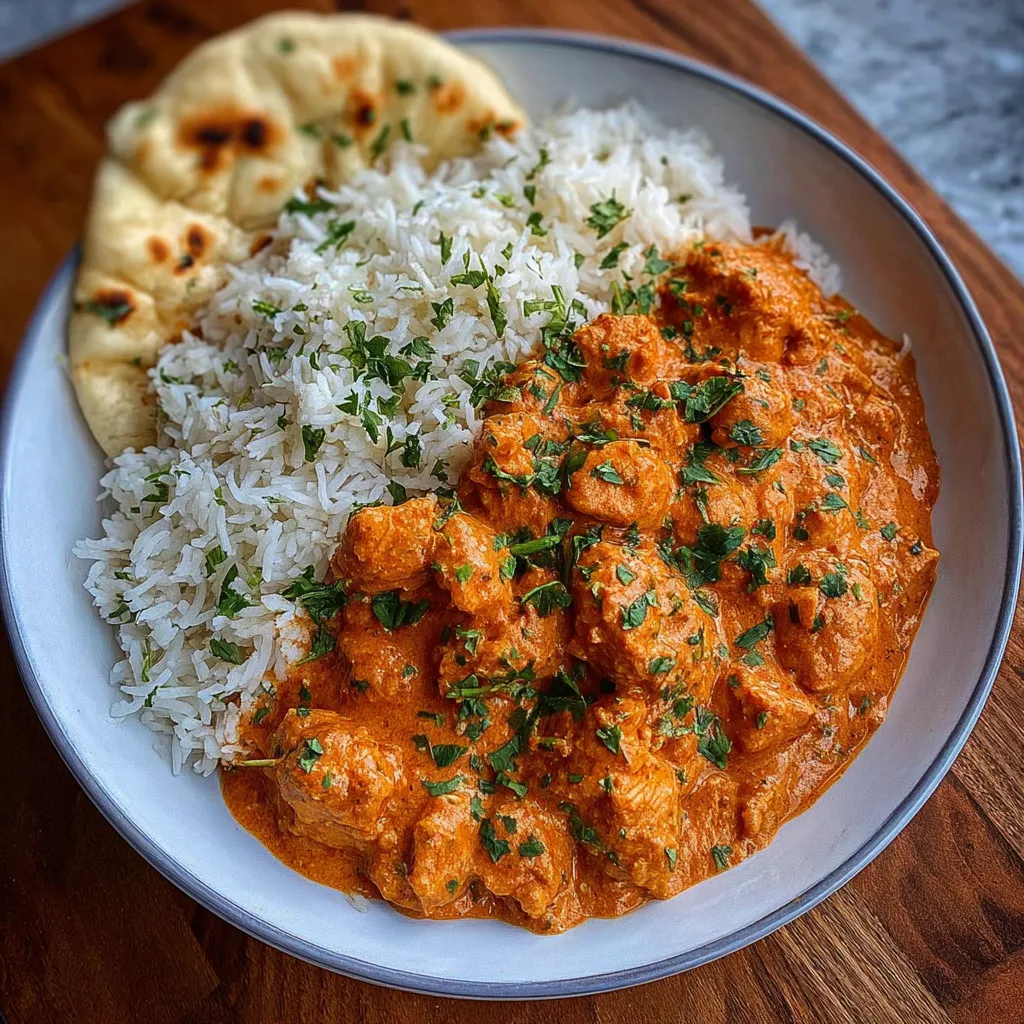 Creamy butter chicken in a skillet garnished with cilantro