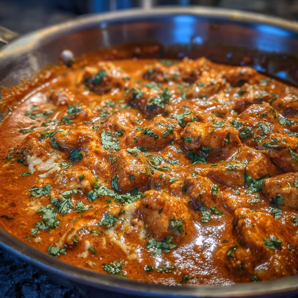Close-up of butter chicken with thick, creamy tomato sauce.