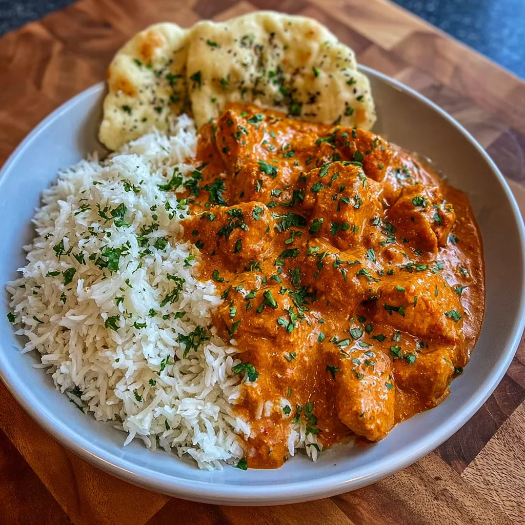 Close-up of butter chicken served with rice