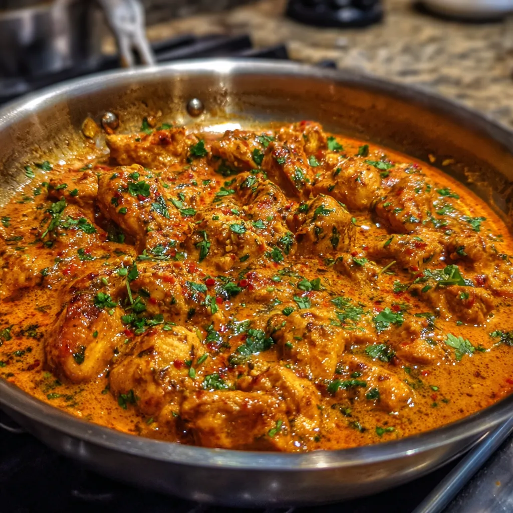 Skillet of butter chicken simmering with tomato and cream sauce.