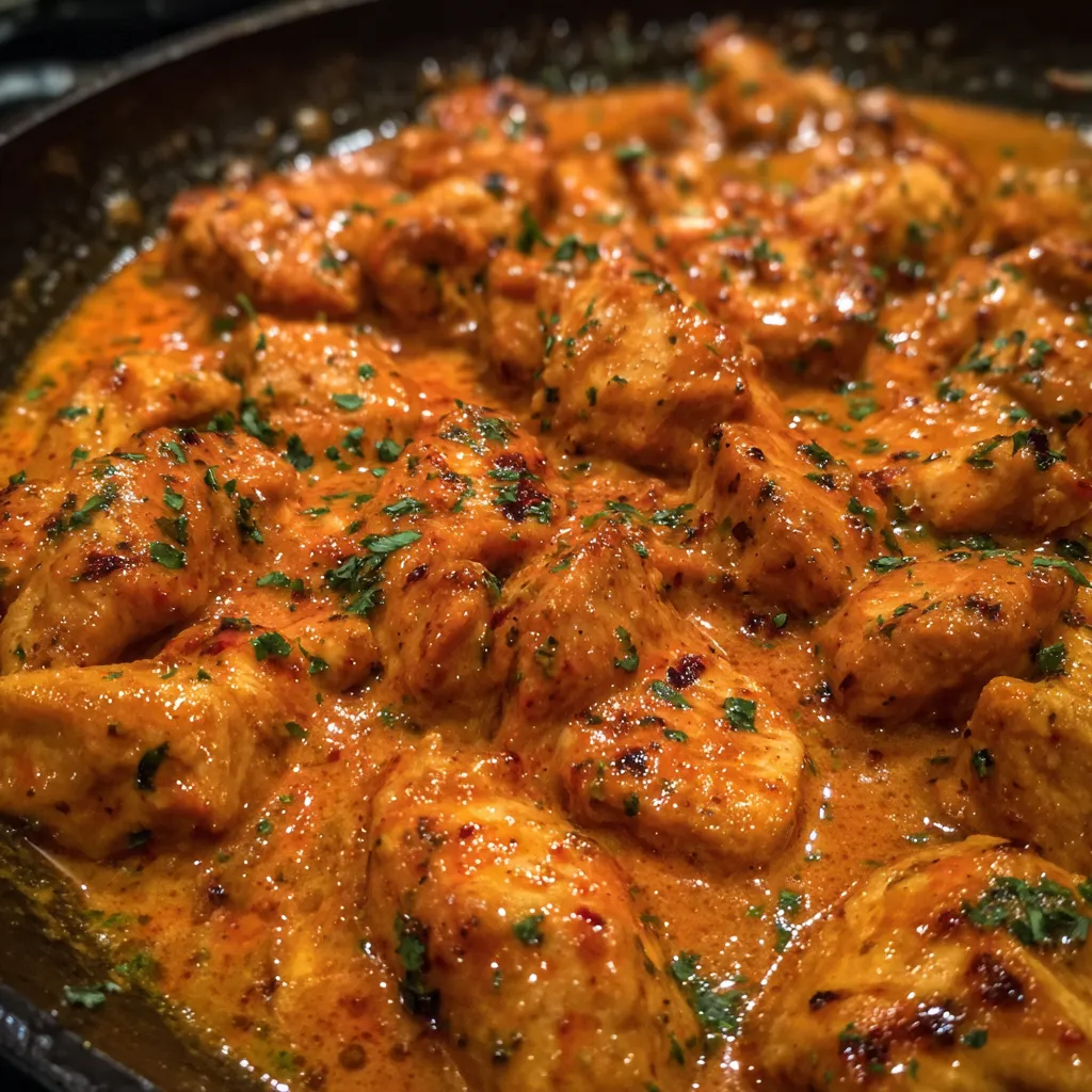 Plate of butter chicken with rice and naan on the side.