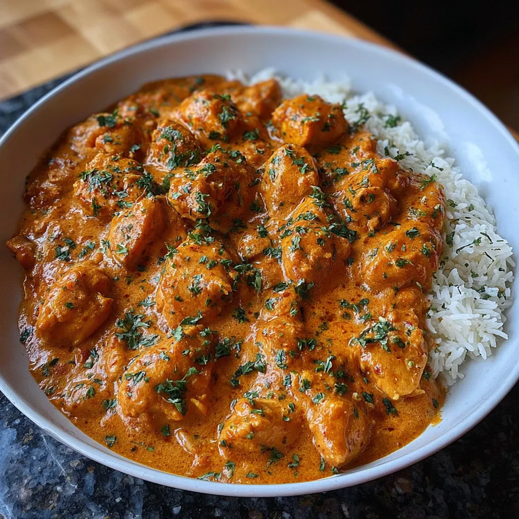 Butter chicken with naan bread and cilantro garnish