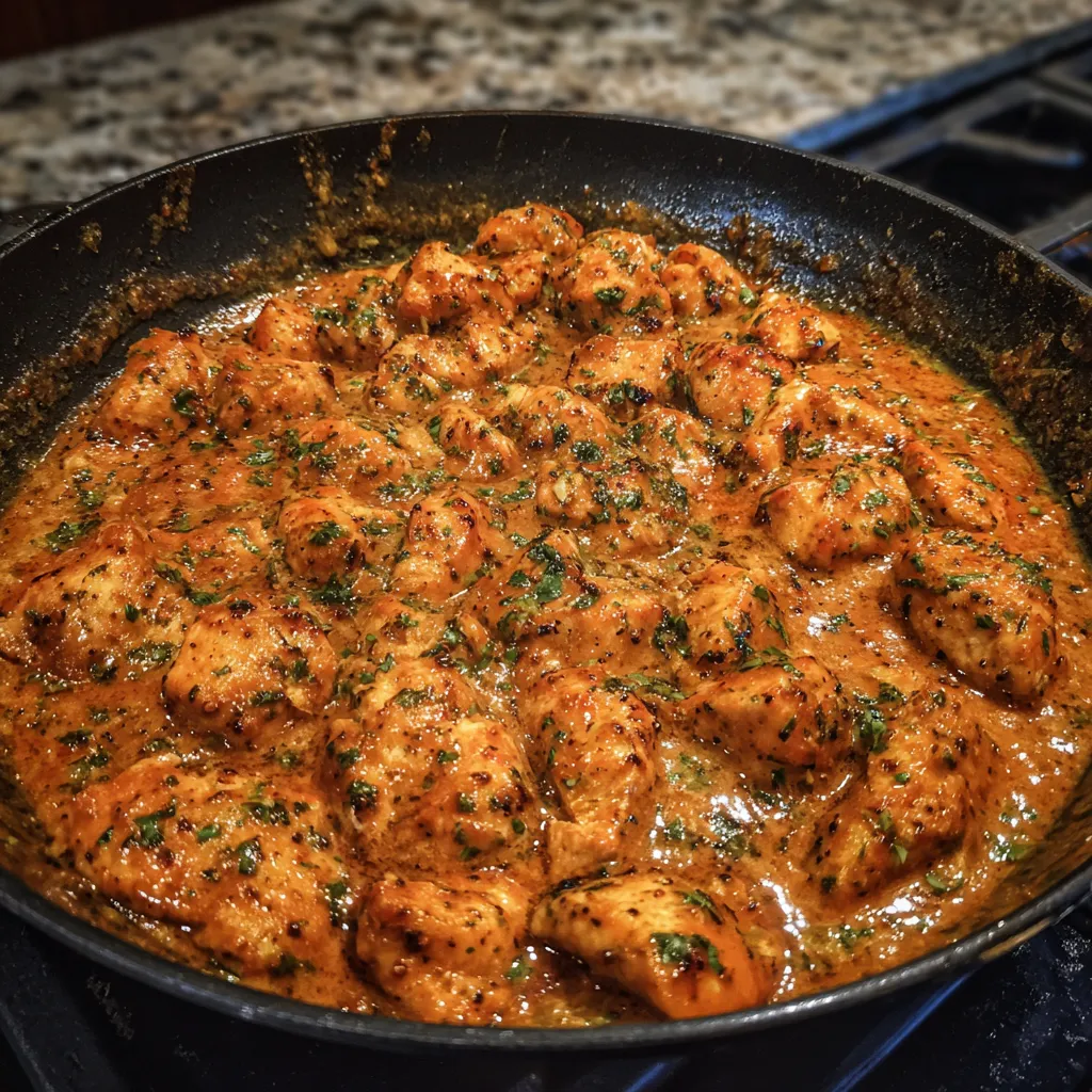 Spoon dipping into creamy butter chicken sauce with herbs.