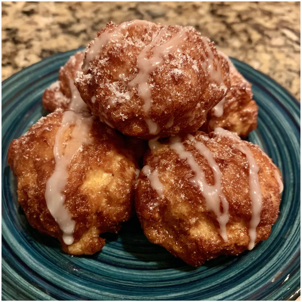 Apple fritter bites cooling on a wire rack with glaze dripping down.