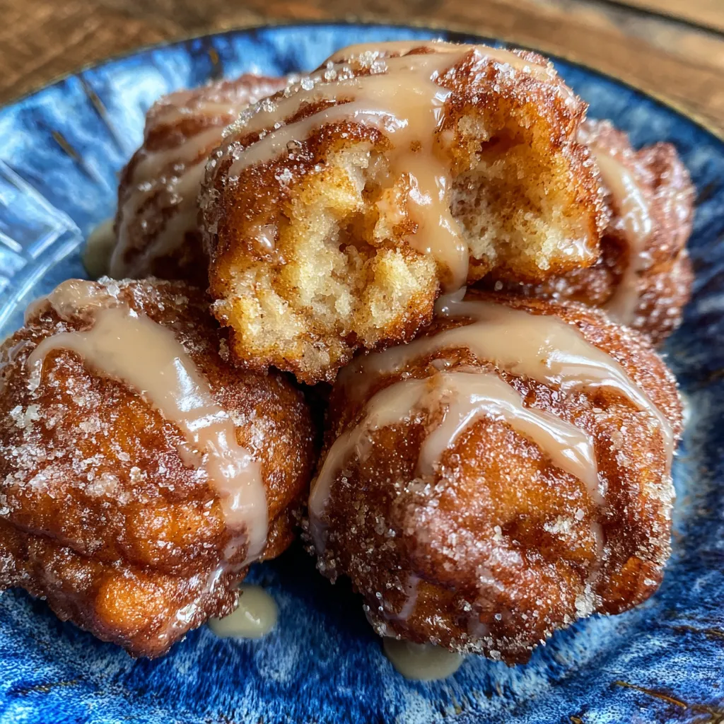 Hand holding glazed fritter bite with a bite taken out.