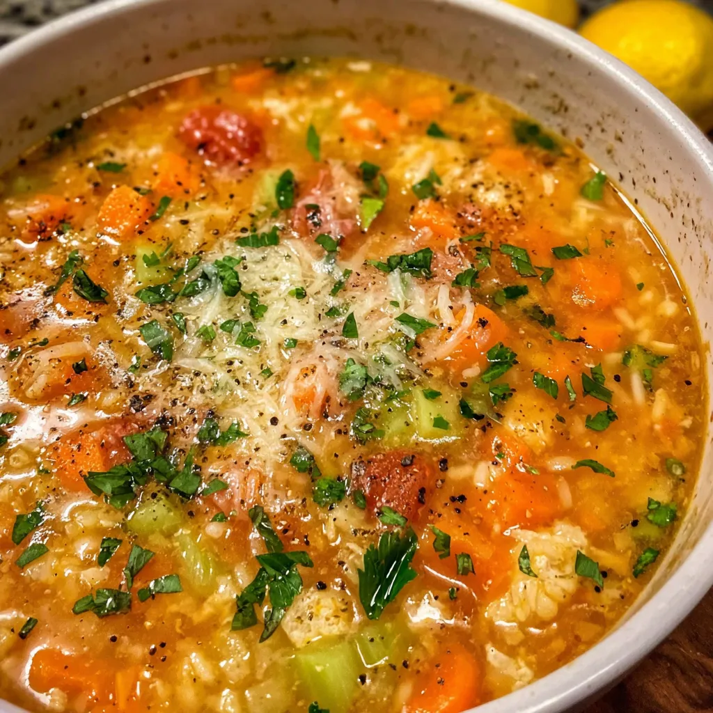 Pot of simmering Italian soup with steam rising.