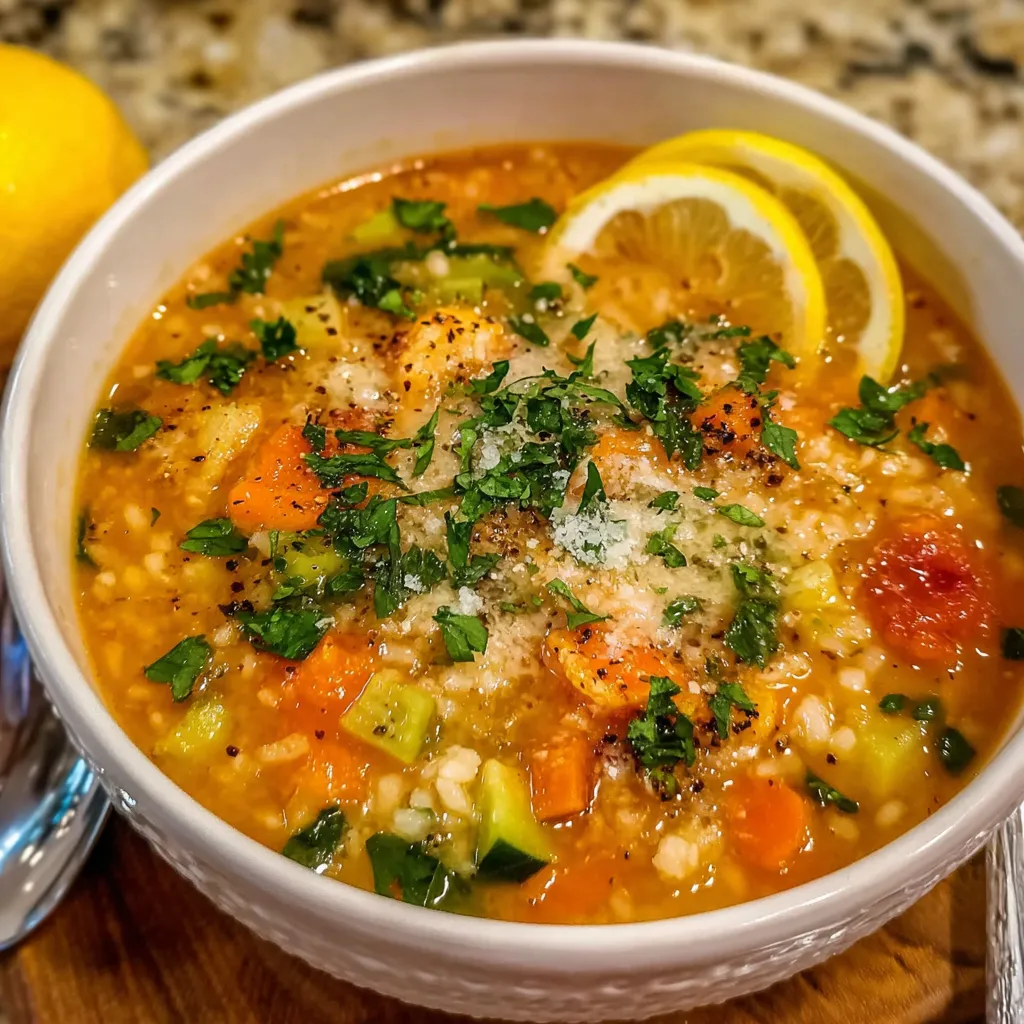 Bowl of Italian penicillin soup with vegetables and herbs.