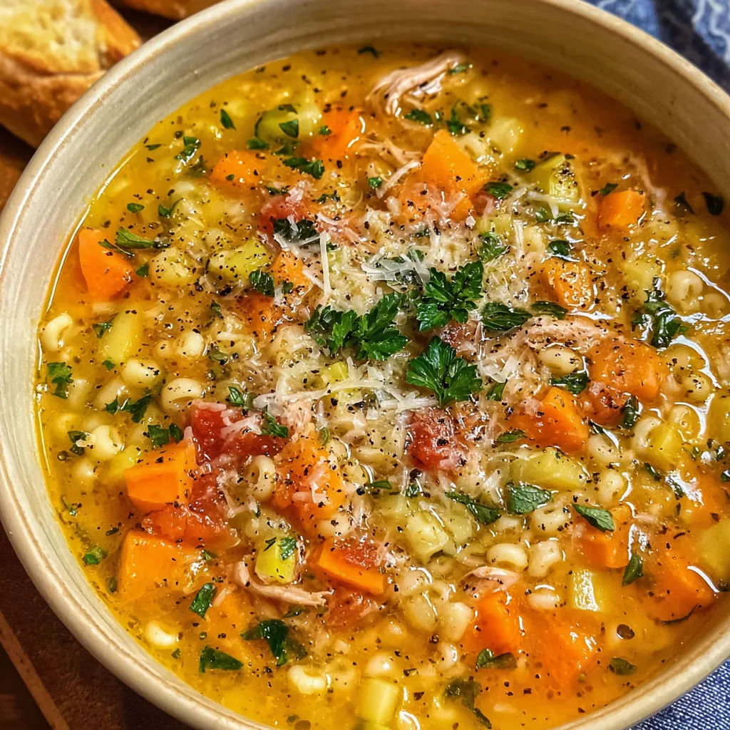 Spoonful of vegetable soup being lifted from a bowl with herbs.