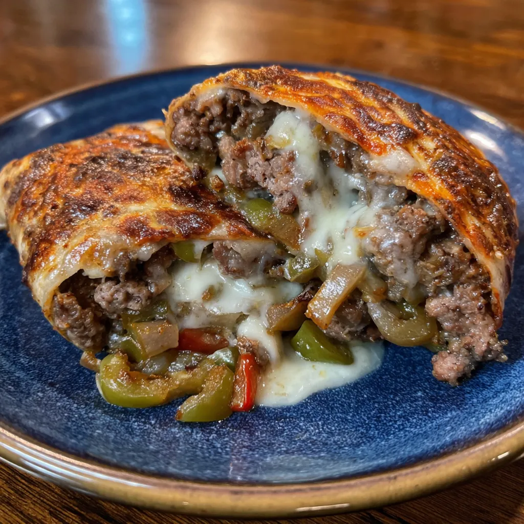 Keto Philly cheesesteak rolls sliced open to reveal melted cheese and beef.