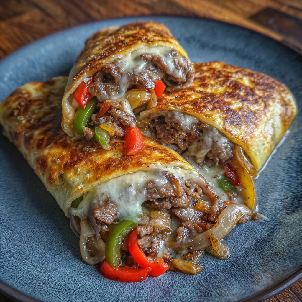 Hand holding a cheesy roll with beef, peppers, and onions inside.