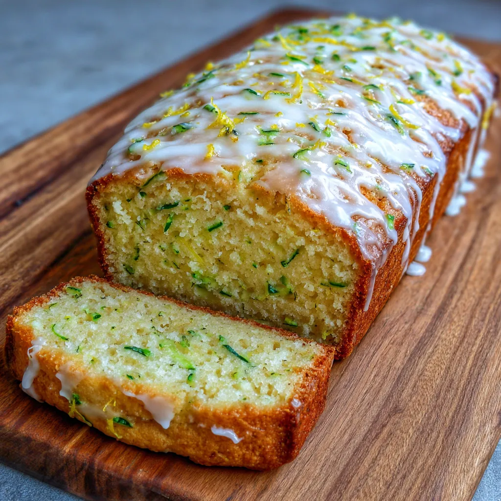 Sliced lemon zucchini bread drizzled with lemon glaze on a wooden board.