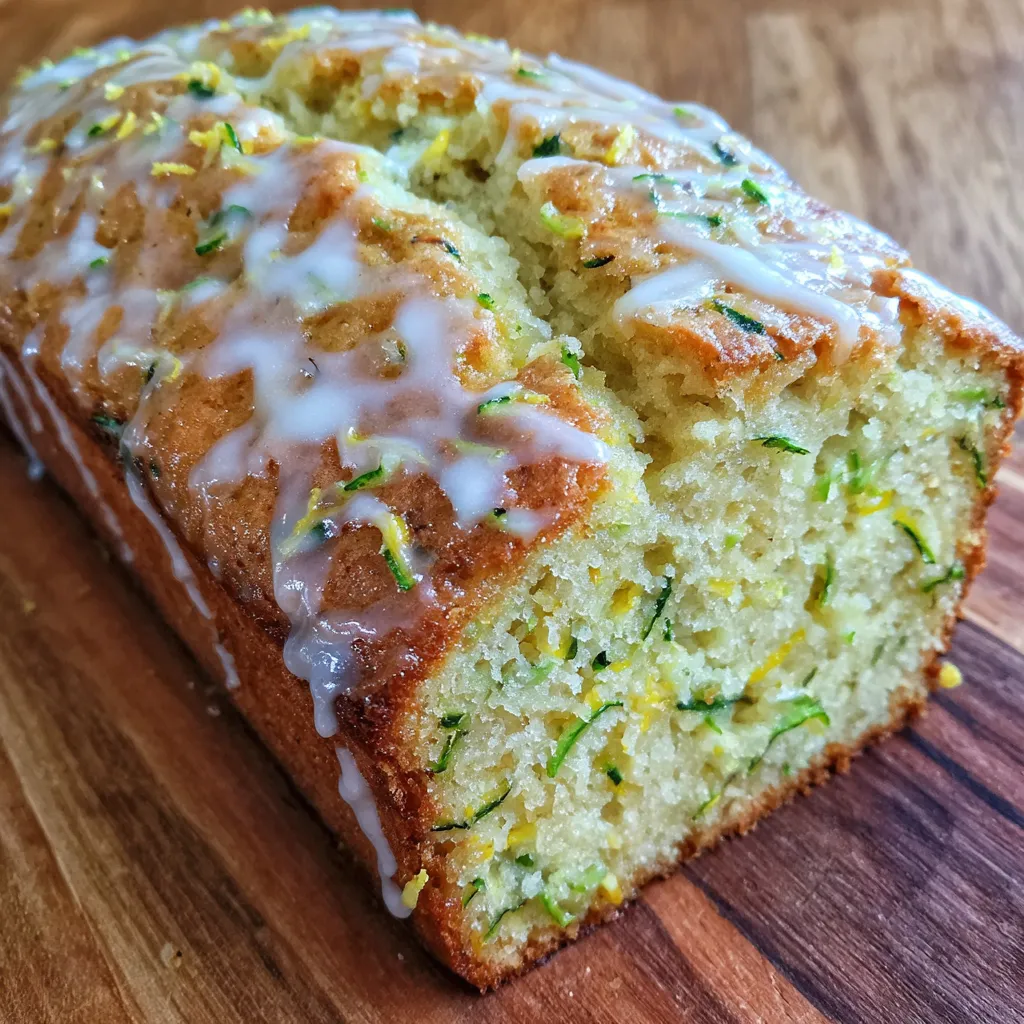 Close-up of bread slice showing tender crumb with flecks of zucchini and lemon zest.