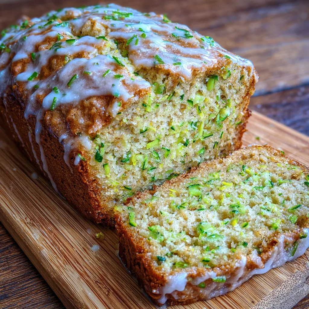 Whole loaf of lemon zucchini bread cooling on a rack with glaze dripping.