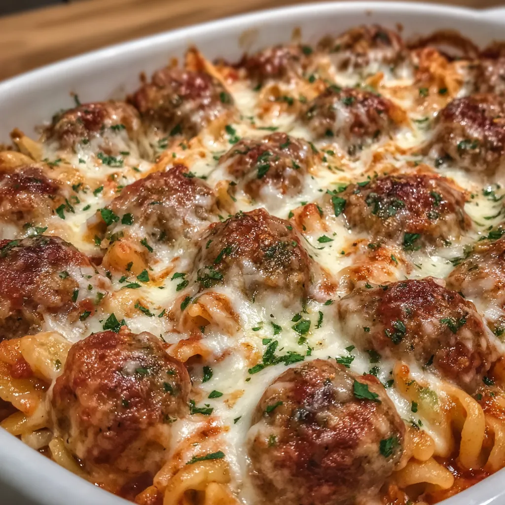 Cheesy baked meatball casserole fresh out of the oven