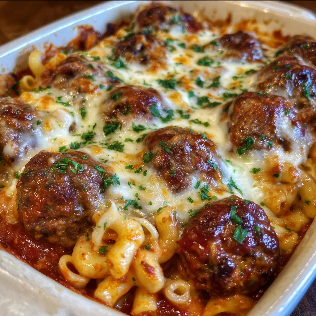 Baking dish of meatball casserole with parsley garnish