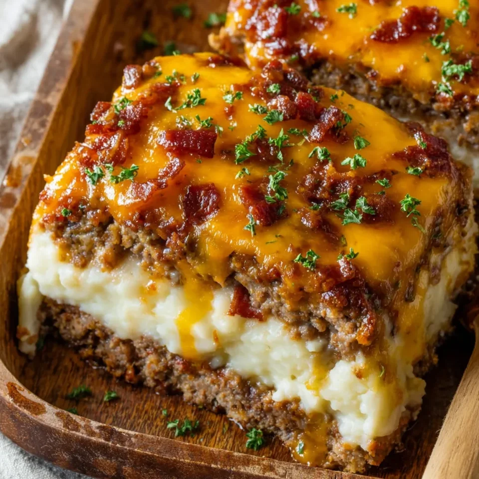 Slice of layered meatloaf with mashed potatoes and melted cheese on top.
