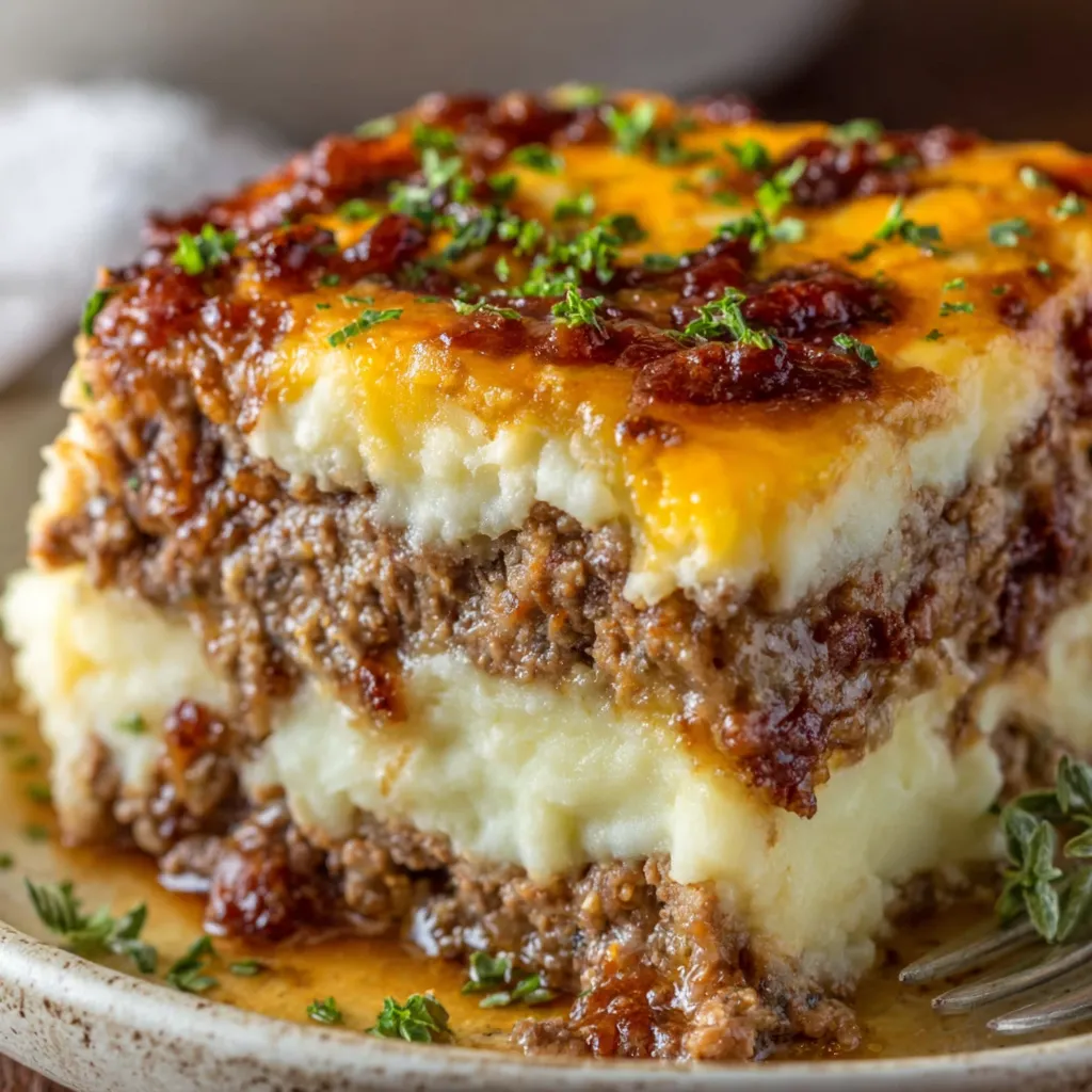 Close-up of cheesy topping melting over creamy mashed potatoes.