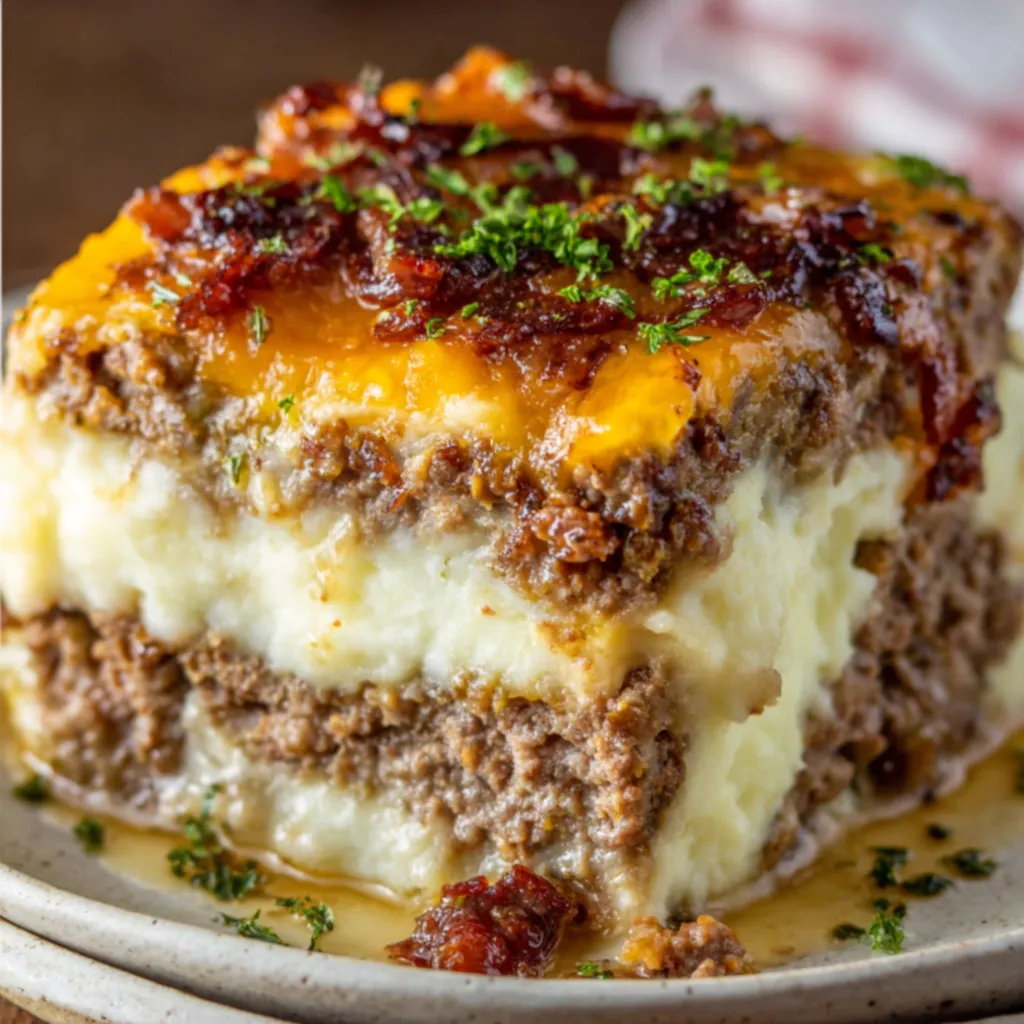 Baking dish filled with meatloaf topped with mashed potatoes and cheese.