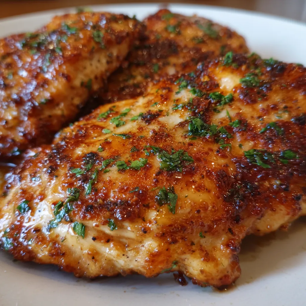 Baking dish with golden baked chicken breasts fresh from the oven.