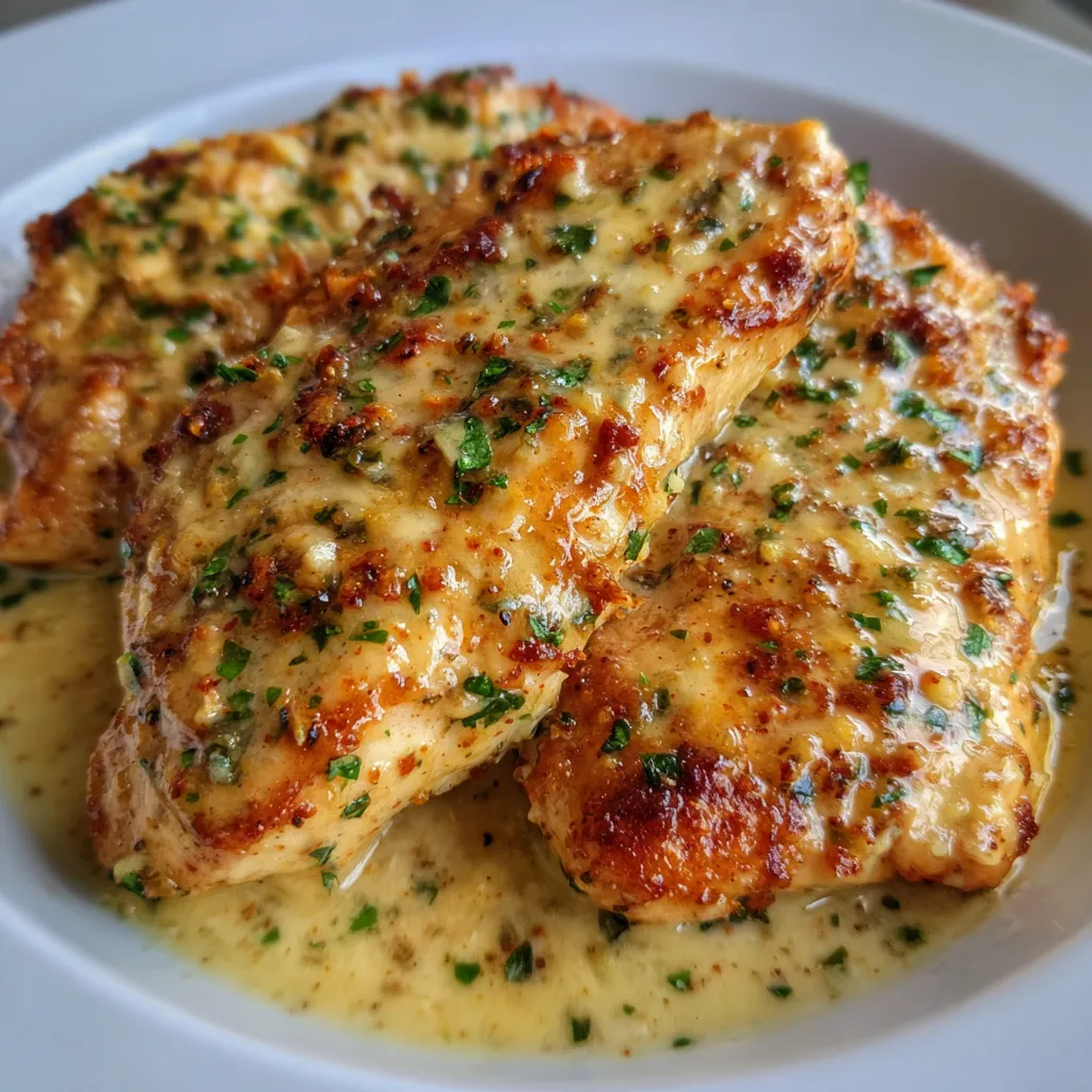 Plate of juicy chicken with parsley garnish and side salad